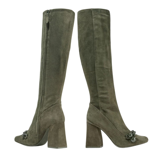 Tory Burch Green Chain-Embellished Suede Knee Boots – Size 10
