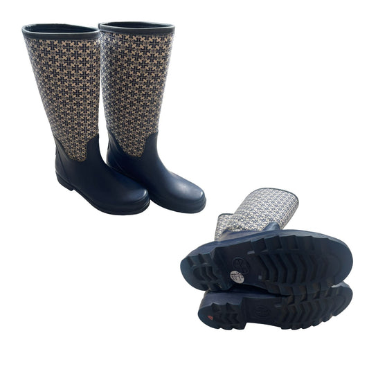 Tory Burch Navy Blue Monogram Rubber Boots - Size 39