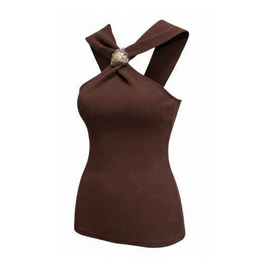 Brown ribbed halter top with a fitted silhouette - 28906