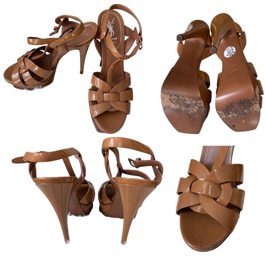 Saint Laurent Tribute Platform Sandals – Tan Patent Leathe