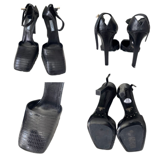 Prada Embossed Leather Platform Sandals – Black