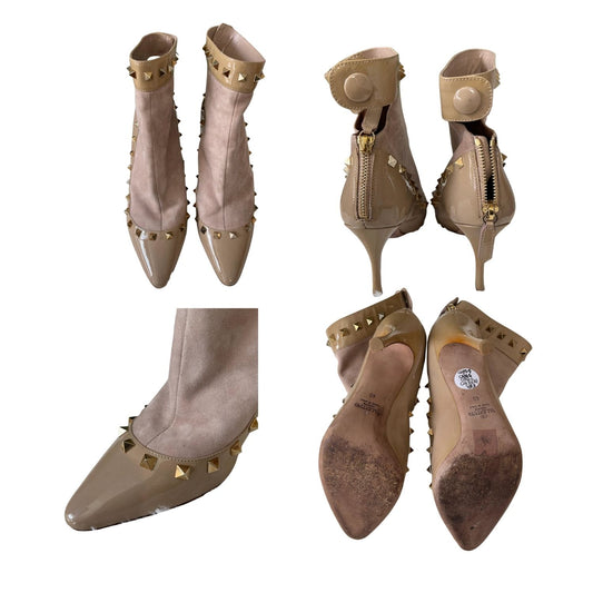 Valentino Garavani Rockstud Suede & Patent Ankle Boots – Nude