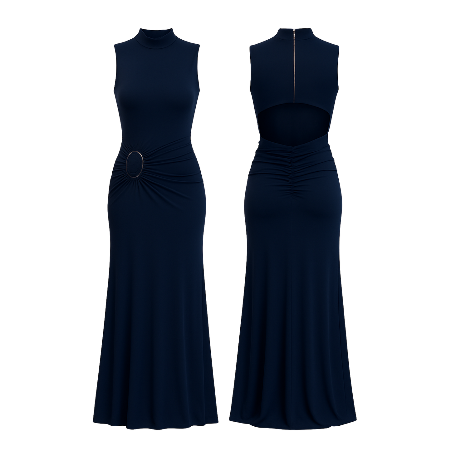 Sleeveless High-Neck Ruched Maxi Dress - 32025