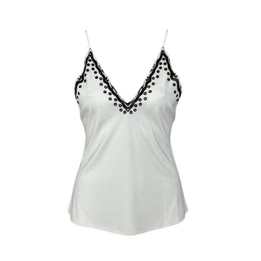 Blusa beige satinada borde negro hoja rota - 30604