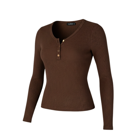 Camibuso café moka acanalado manga larga botones champaña - 30877