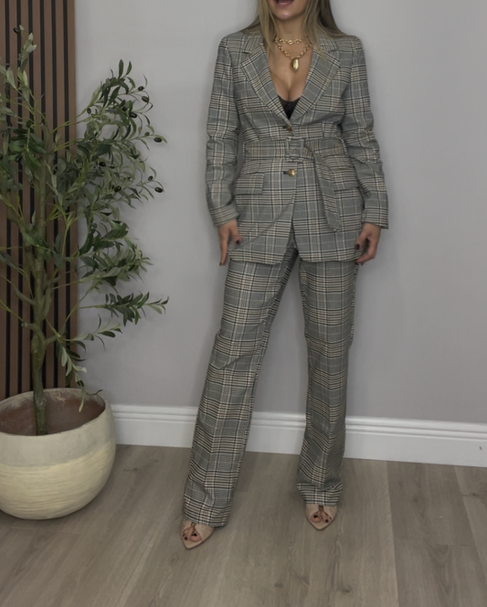 Gray Plaid Belted Tailored Blazer -