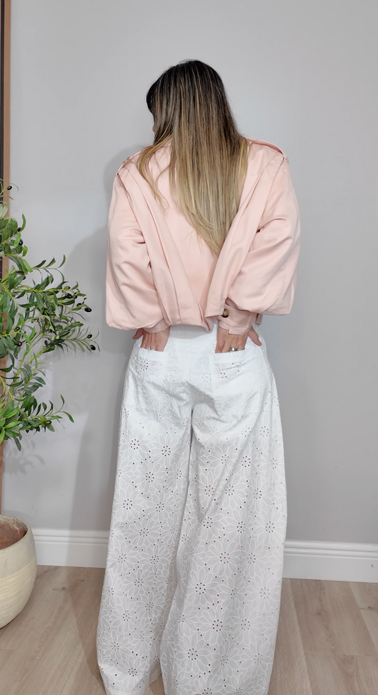 White Eyelet Wide-Leg Trousers - 34079