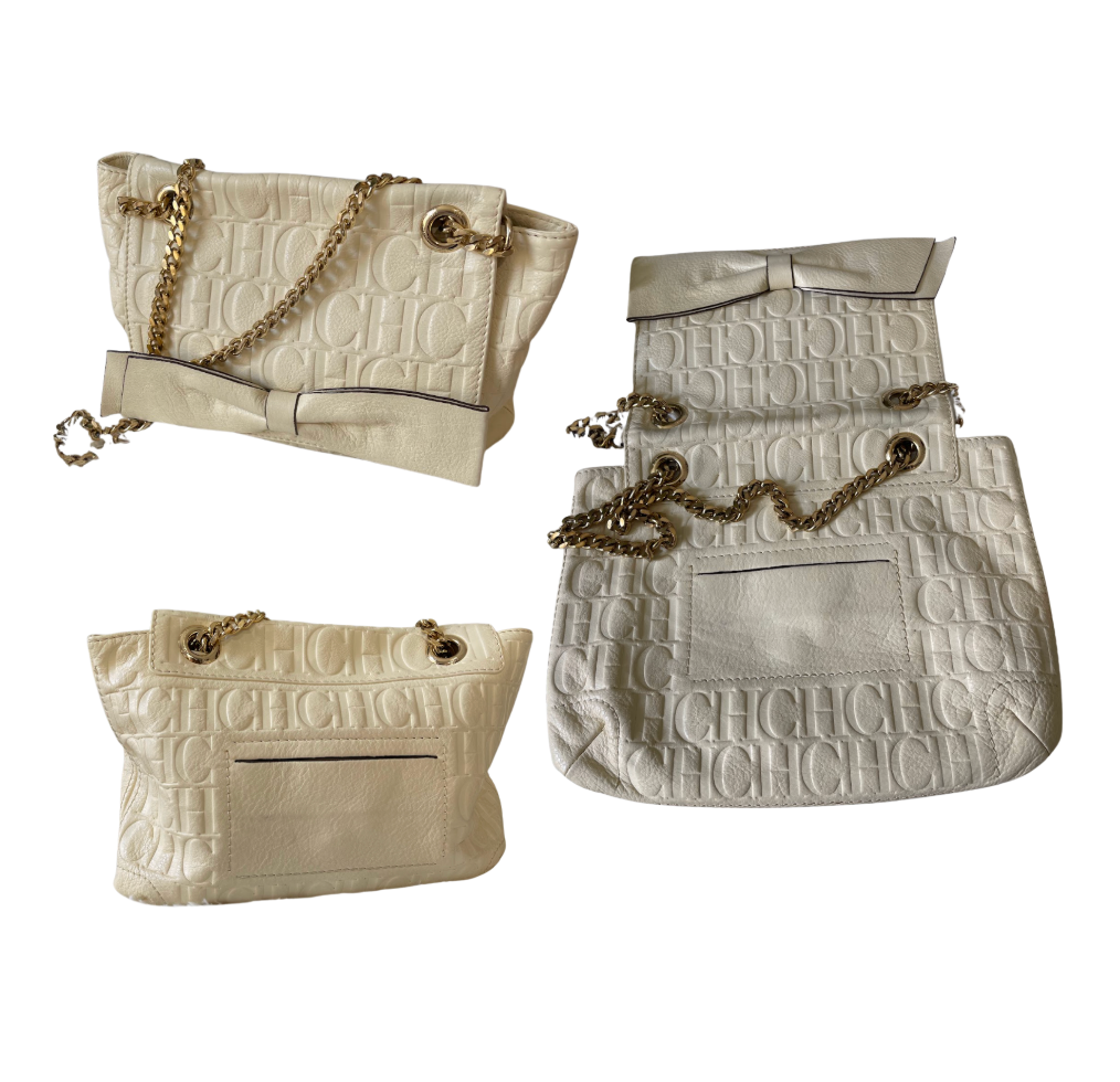 Carolina Herrera Ivory Embossed Leather Bow Shoulder Bag - 30718