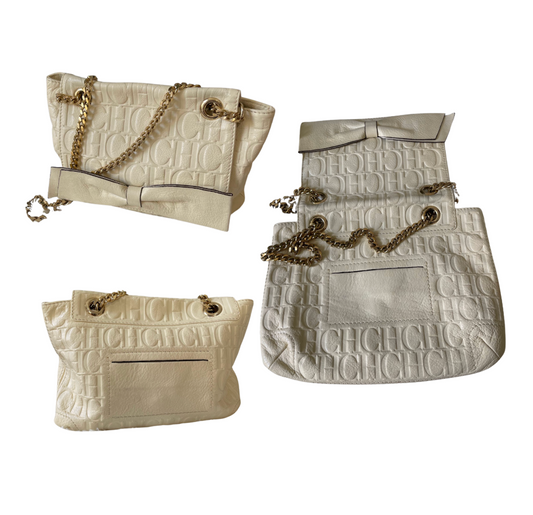 Carolina Herrera Ivory Embossed Leather Bow Shoulder Bag - 30718