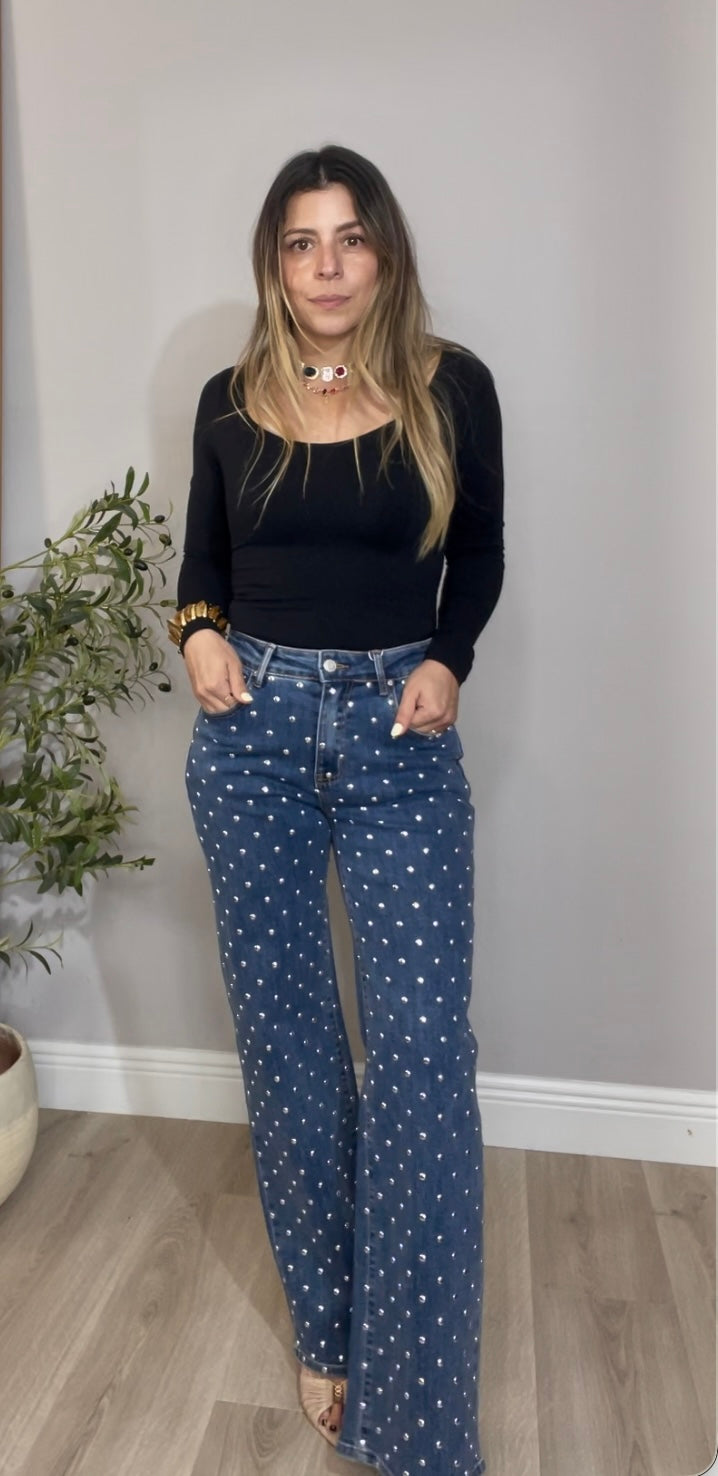 High-Waisted Blue Wide-Leg Jeans with Stud Details - 32033