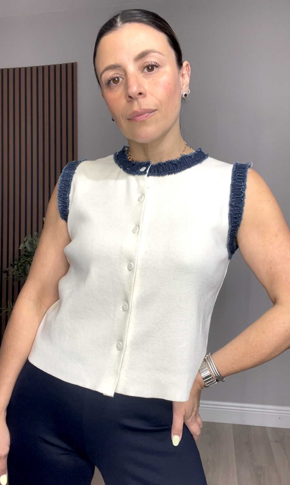 Sleeveless Ivory Knit Top with Denim-Trim Details- 33372