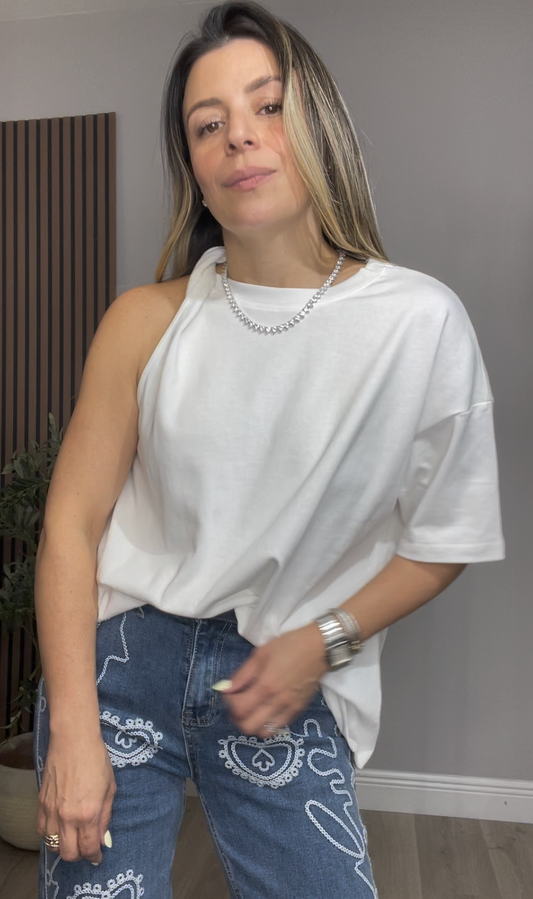One-Shoulder Relaxed T-Shirt – White - 33430