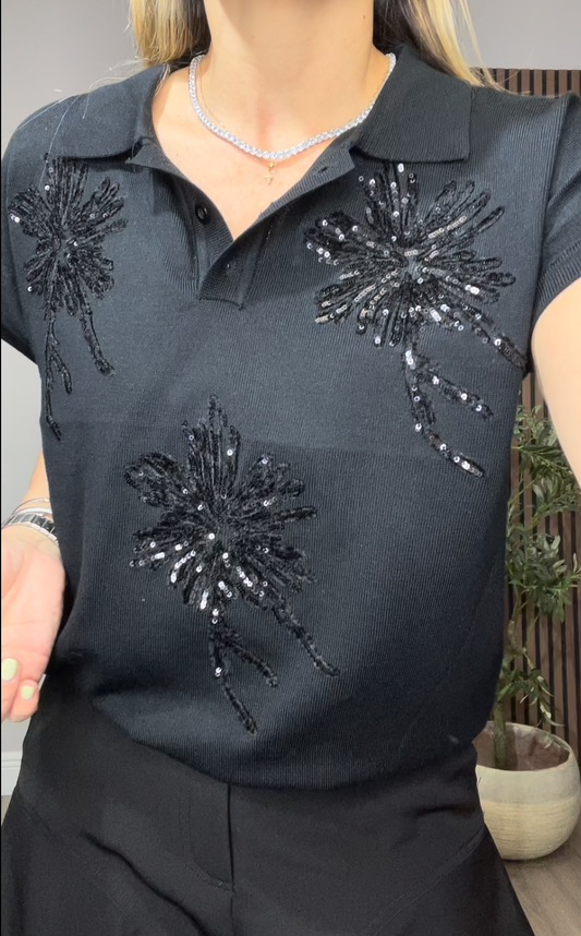 Sequin Palm Embellished Knit Polo Top - 33669