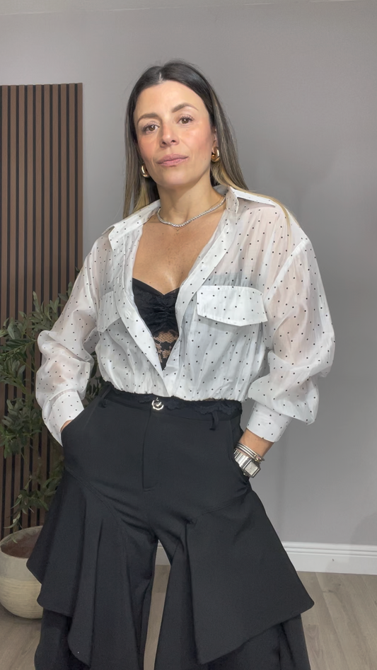 Sheer Polka Dot Button-Down Blouse - 33665