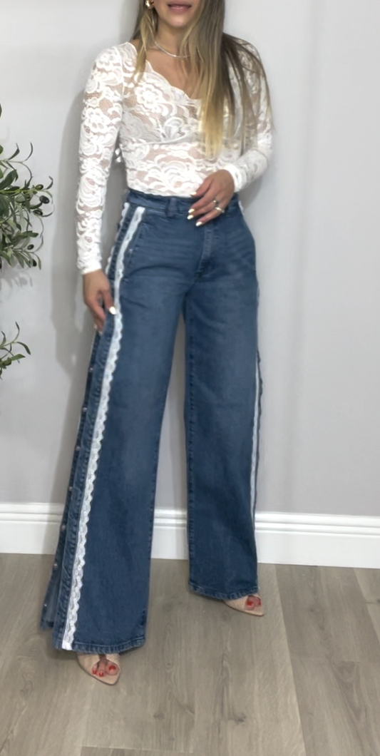 Wide-Leg Denim with Lace Side Detail - 33459