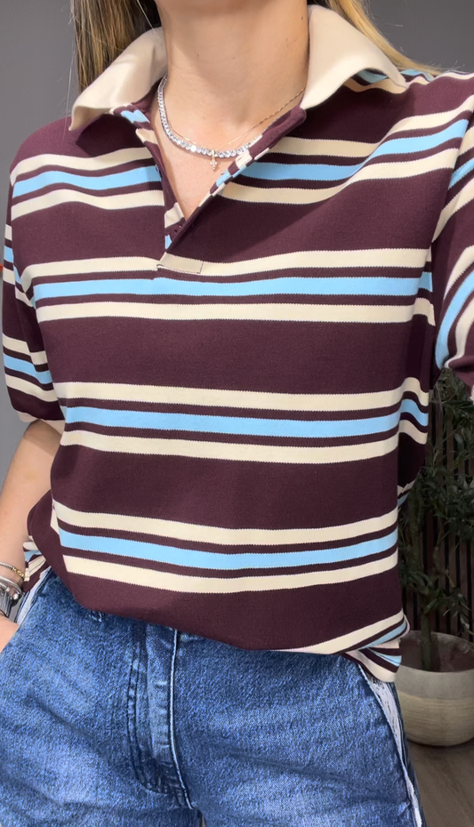Striped Knit Polo Top - 33359