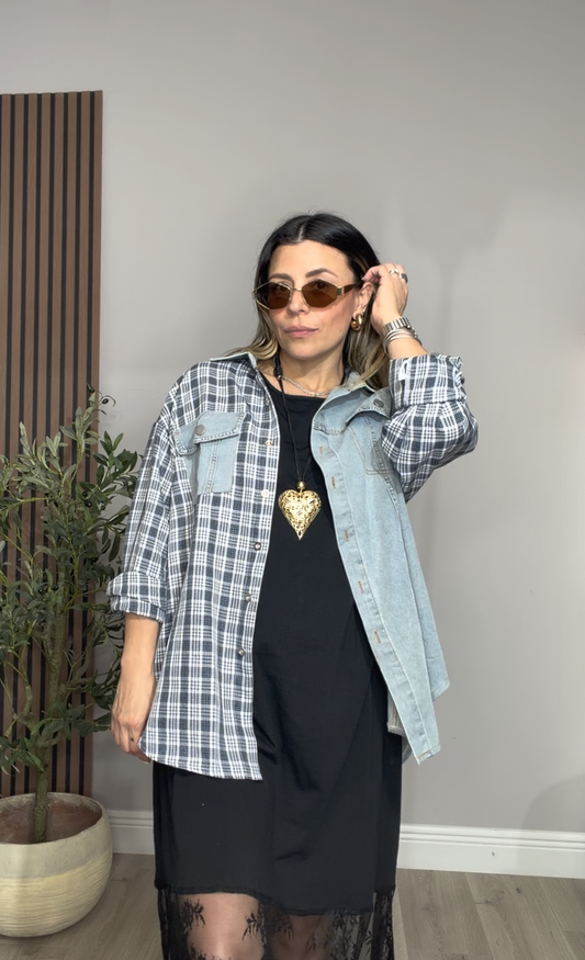Oversized Denim & Plaid Mix Jacket - 33667
