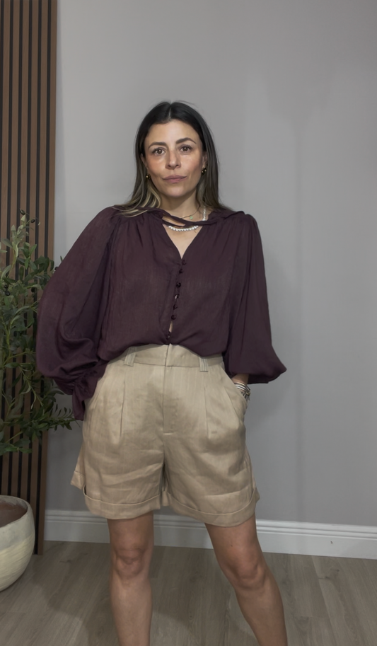 Neutral Tailored Linen Shorts - 33347