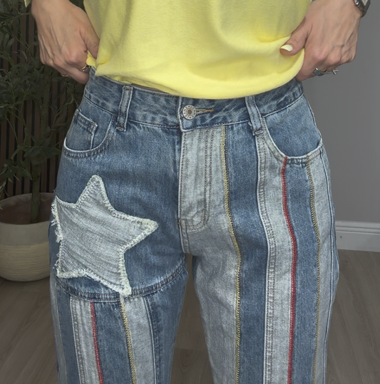 Vintage Star Striped Wide-Leg Jeans - 33620