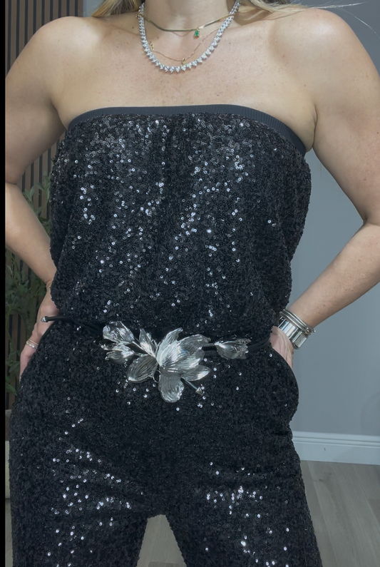 Black Sequin Strapless Jumpsuit - 33325