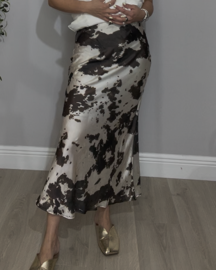 Satin Cow-Print Midi Skirt - 33415