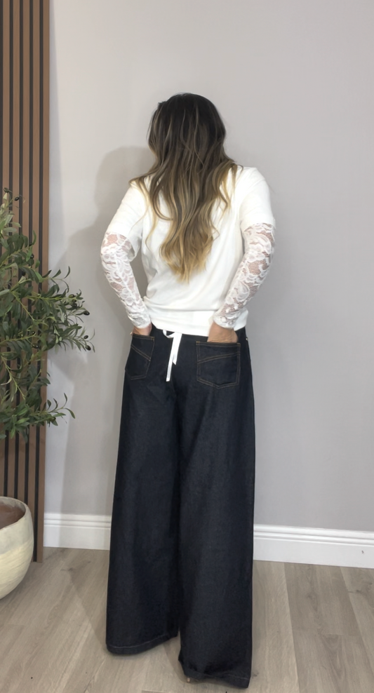 Wide-Leg Dark Denim Pants - 32937