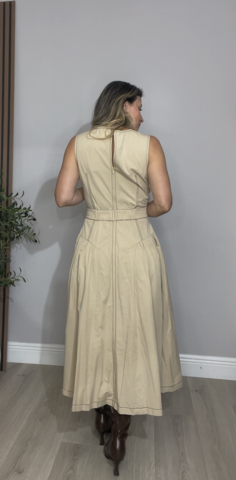 Beige Sleeveless Midi Dress with Belt - 33637