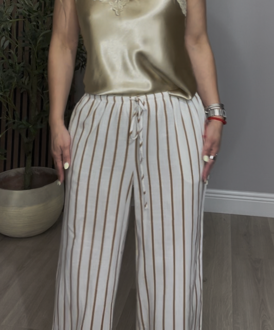 Striped Straight-Leg Pants – Ivory with Camel Stripes - 33545