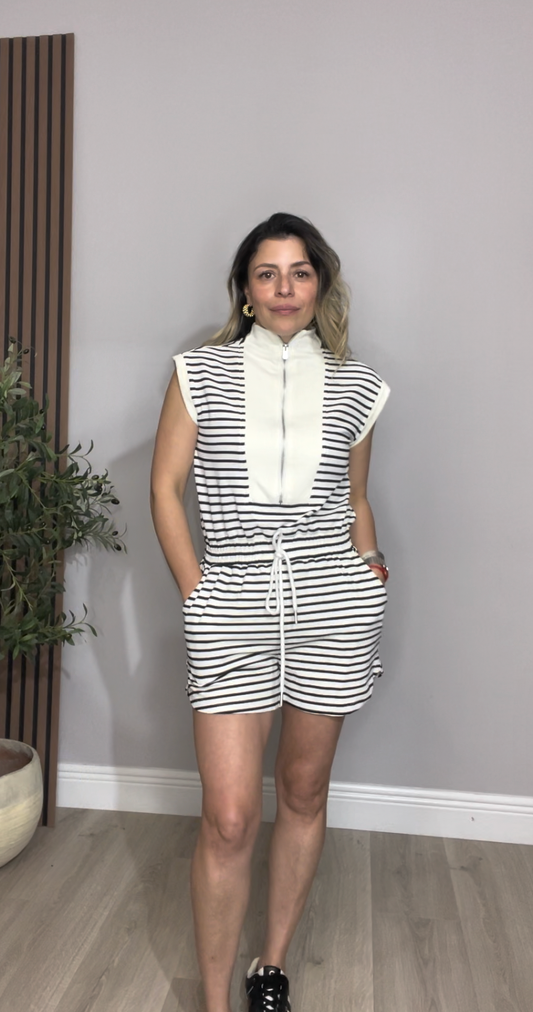 Striped Sleeveless Romper – Ivory & Black - 33874