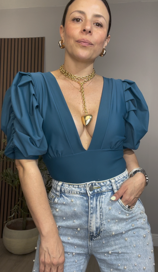 Praia Deep V-Neck Puff Sleeve One-Piece – Deep Teal - 33805