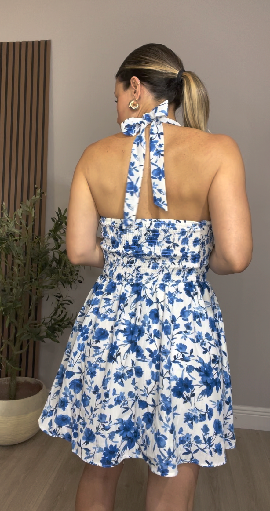 Mediterranean Floral Halter Mini Dress - 33624