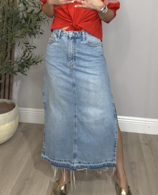 Vintage-Wash Denim Maxi Skirt with Side Slit - 33846