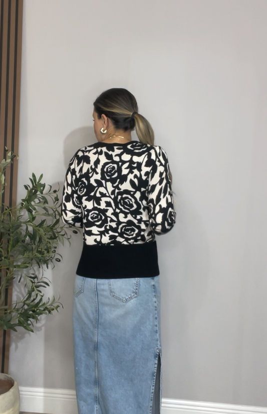 Monochrome Rose Intarsia Cardigan - 33707