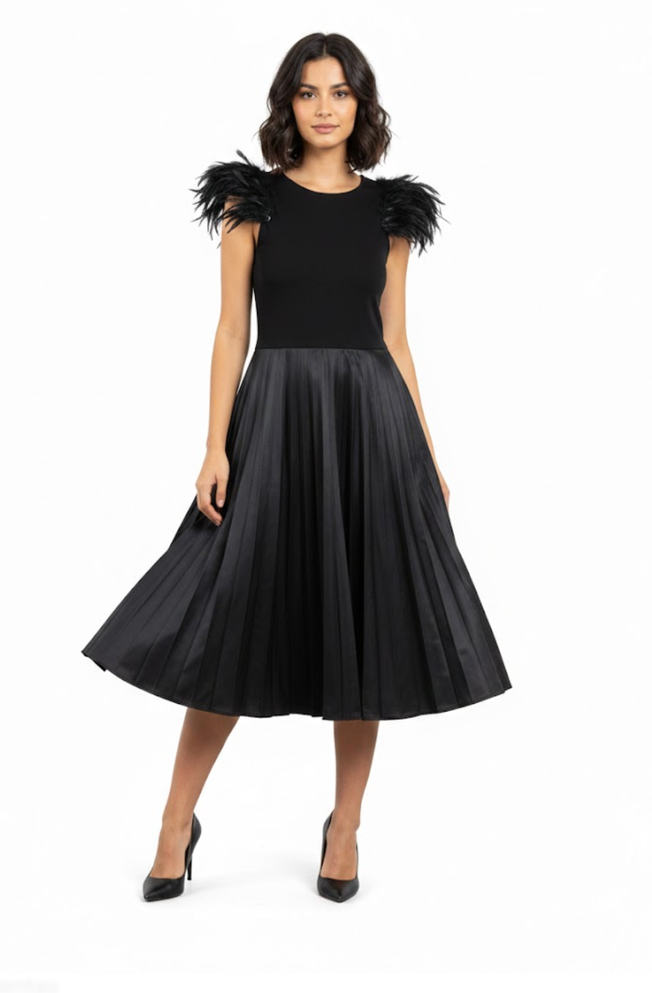 ALICE + OLIVIA Feather-Trimmed Pleated Midi Dress - 24935