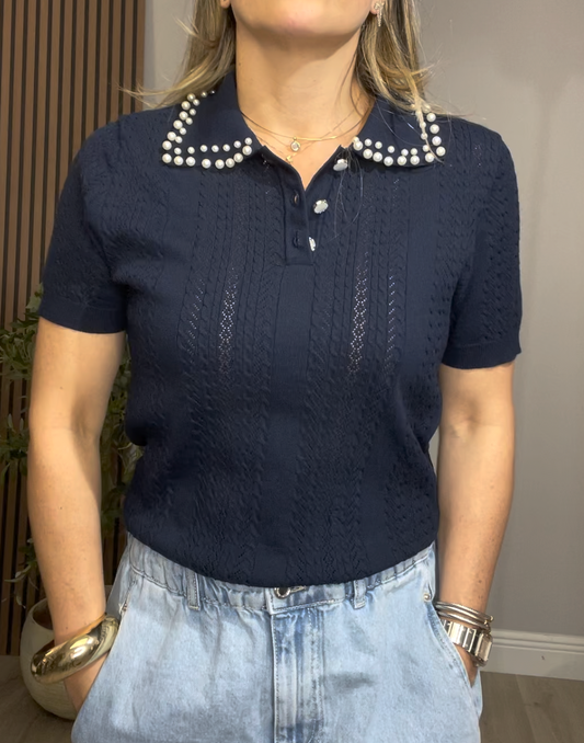 Pearl-Embellished Cable Knit Polo - 33785