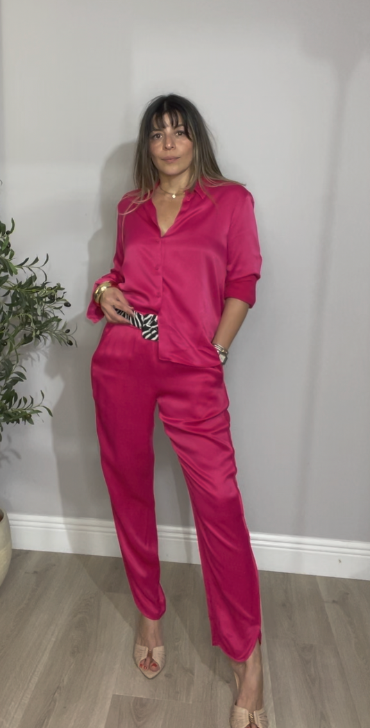 Satin Button-Down Shirt in Fuchsia - 33613