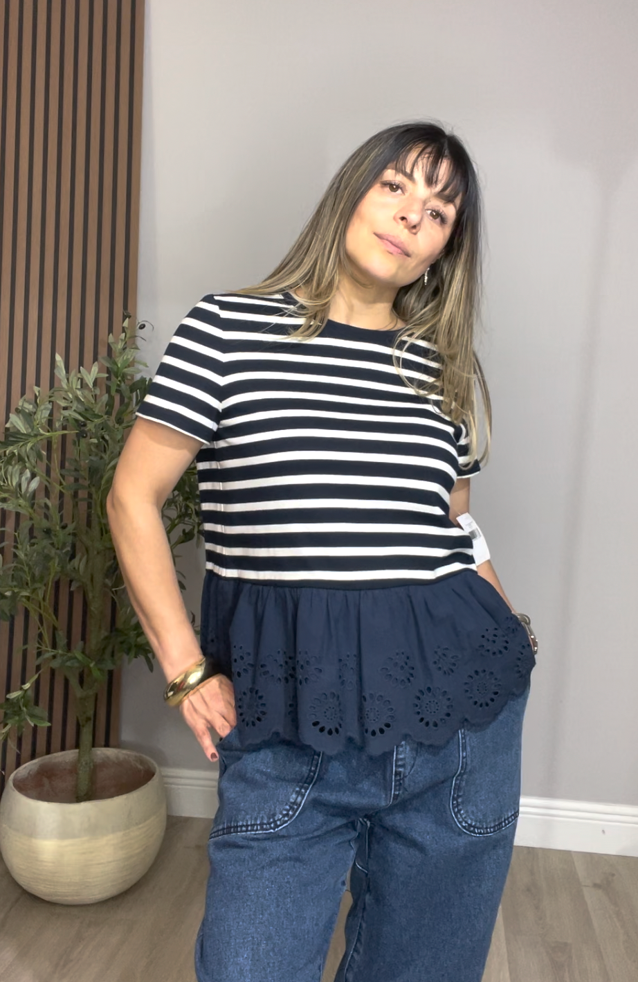 Kate Spade Striped Peplum Blouse with Eyelet Detail - 33786