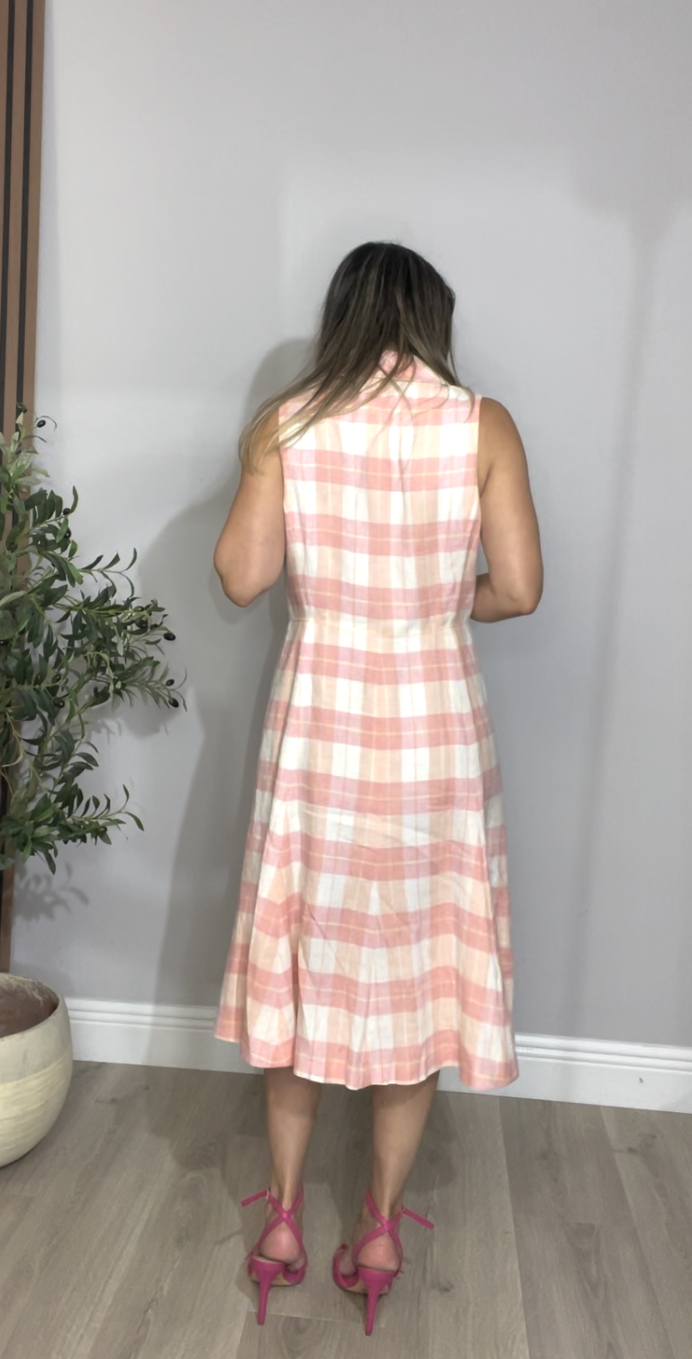 Pink Gingham Linen Midi Dress - 33301