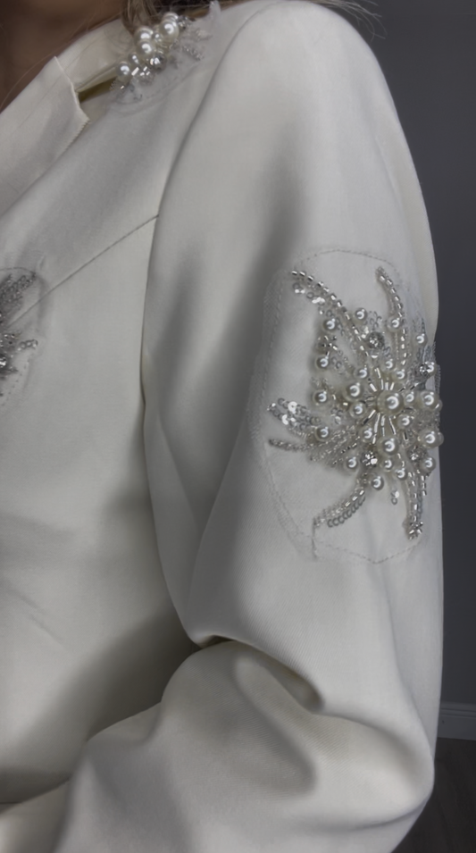 Pearl-Embellished Ivory Tailored Blazer - 33932