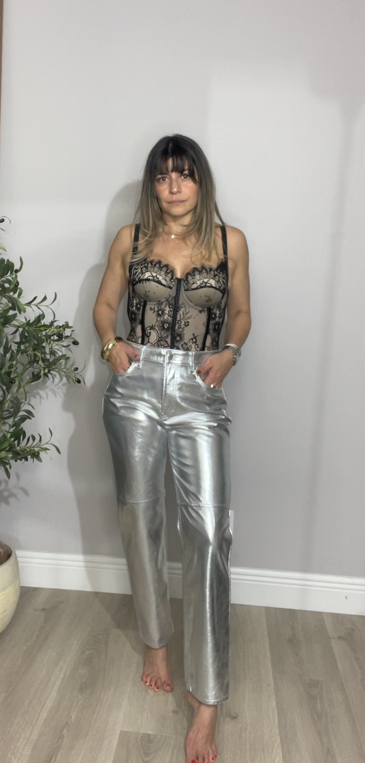Metallic Silver High-Waisted Trousers - 33766