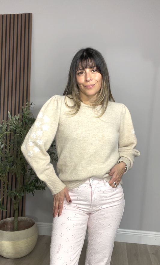 Oatmeal Knit Sweater with Floral Sleeve Embroidery - 33803