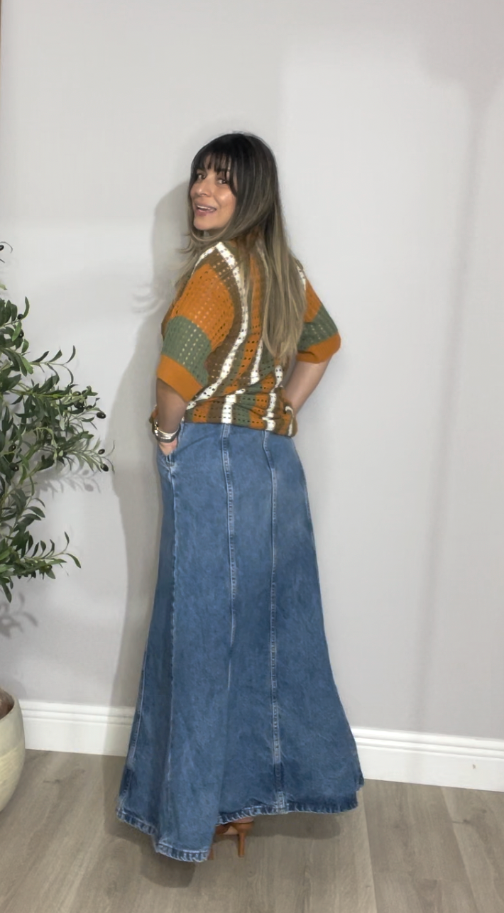 High-Waisted Denim Maxi Skirt - 33845