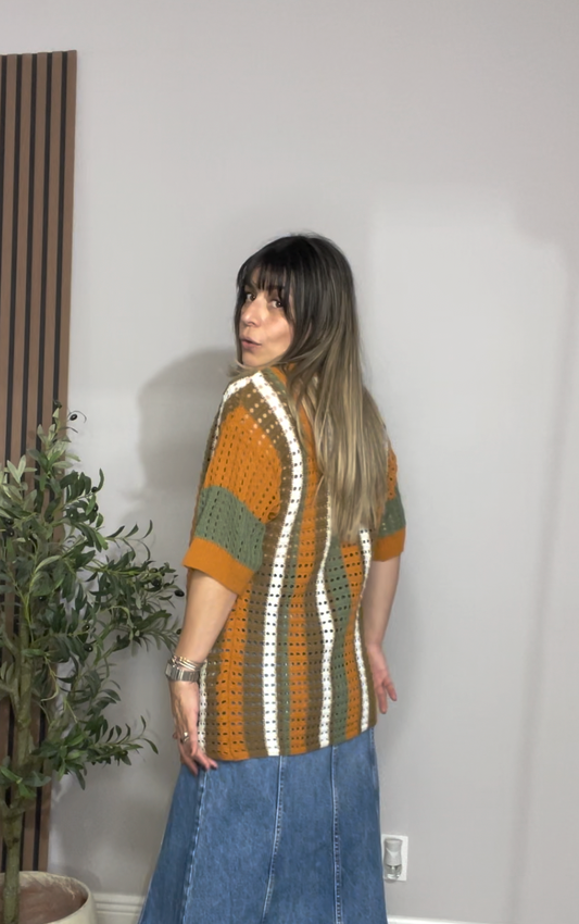 Retro Stripe Open-Knit Polo Shirt - 33802