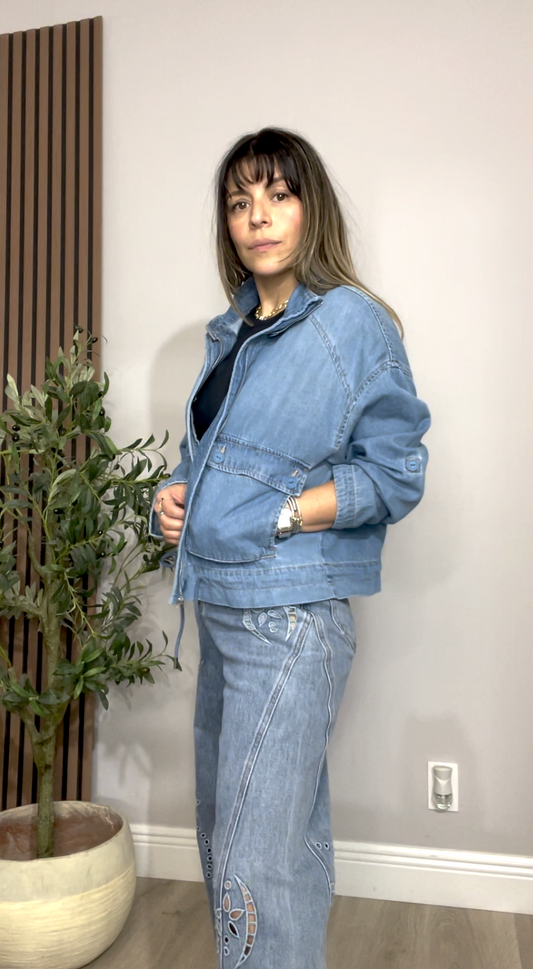 Utility Denim Jacket with Adjustable Drawstring - 33634