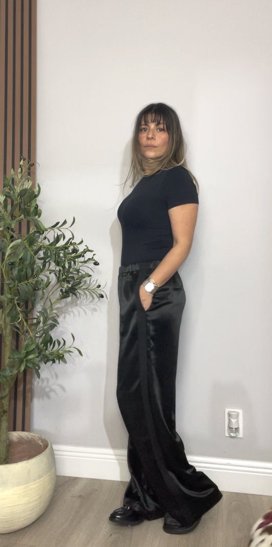 High-Waist Satin Wide-Leg Trousers - 34082