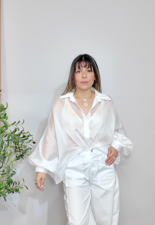 Sheer White Bishop-Sleeve Blouse - 34098