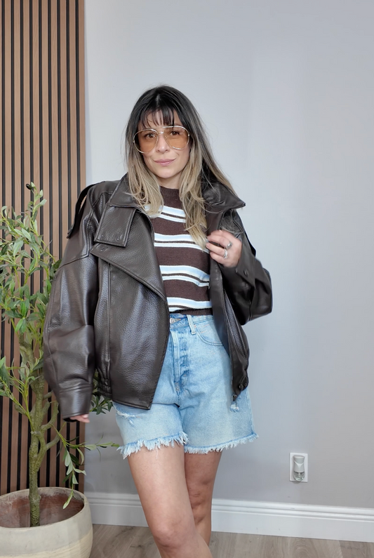 Chocolate Brown Oversized Faux-Leather Bomber Jacket - 34107