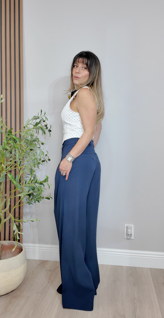 Deep Navy High-Waisted Wide-Leg Trousers - 34125