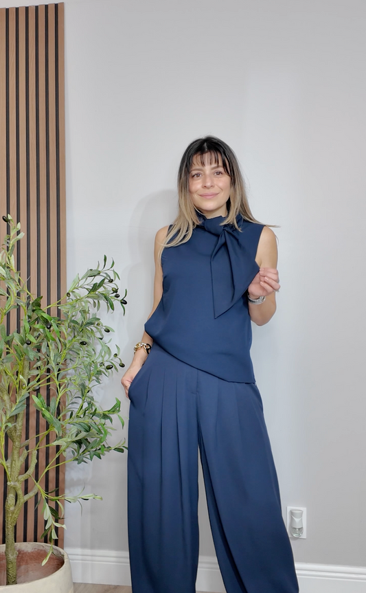 Navy Blue High-Neck Bow Statement Blouse - 34131