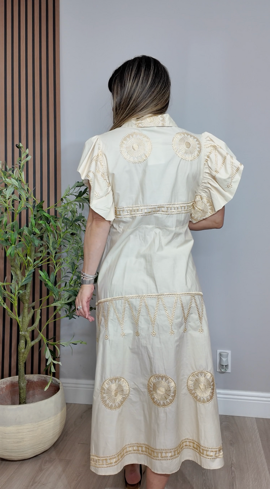 Bohemian-Chic Embroidered Midi Shirtdress - 34133